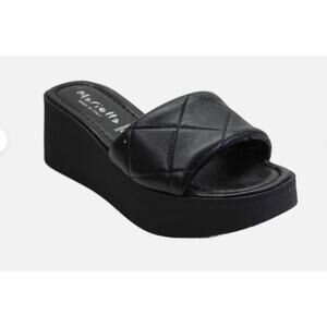 Mariella Women's Wedge Heel Platform Quilted Leather Slide Sandals Black Sz 9